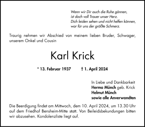 Traueranzeige von Karl Krick von Bergsträßer Anzeiger