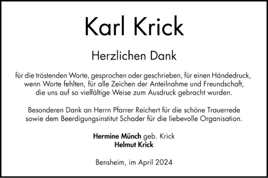 Traueranzeige von Karl Krick von Bergsträßer Anzeiger