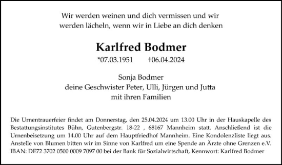 Traueranzeige von Karlfred Bodmer von Mannheimer Morgen