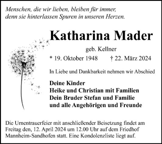 Traueranzeige von Katharina Mader von Mannheimer Morgen