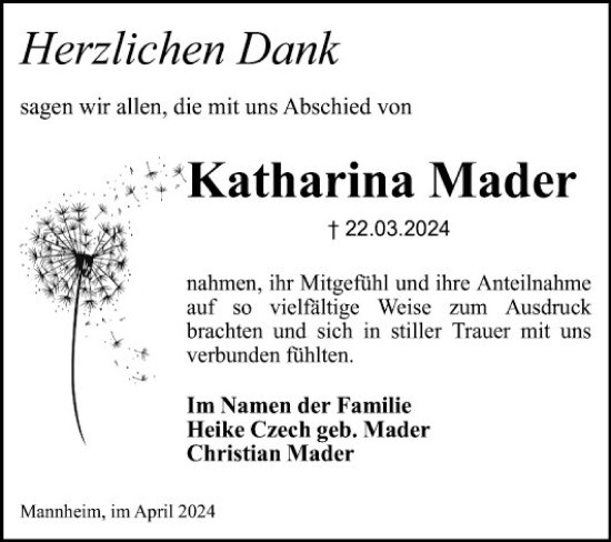 Traueranzeige von Katharina Mader von Mannheimer Morgen