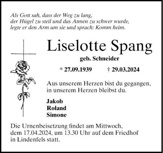 Traueranzeige von Liselotte Spang von Bergsträßer Anzeiger