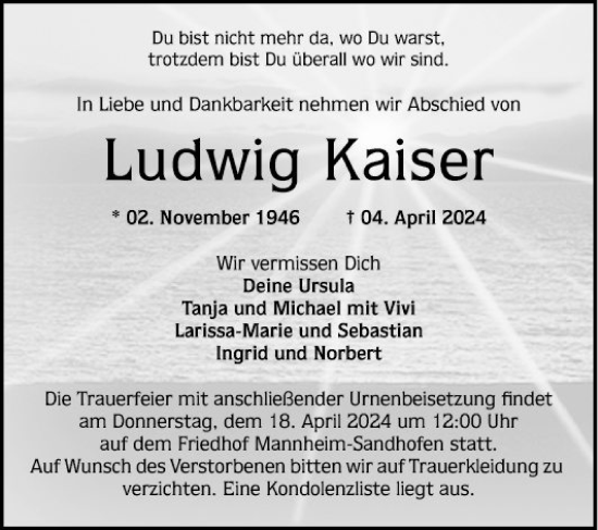 Traueranzeige von Ludwig Kaiser von Mannheimer Morgen
