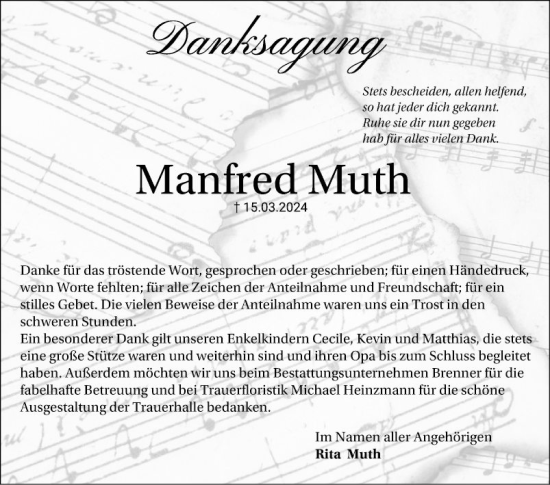 Traueranzeige von Manfred Muth von Schwetzinger Zeitung