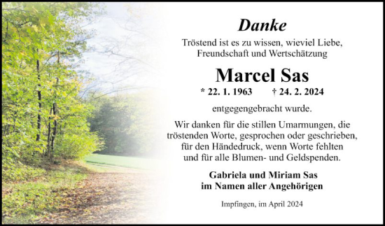 Traueranzeige von Marcel Sas von Fränkische Nachrichten