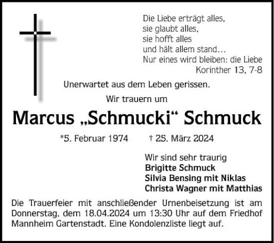 Traueranzeige von Marcus Schmuck von Mannheimer Morgen