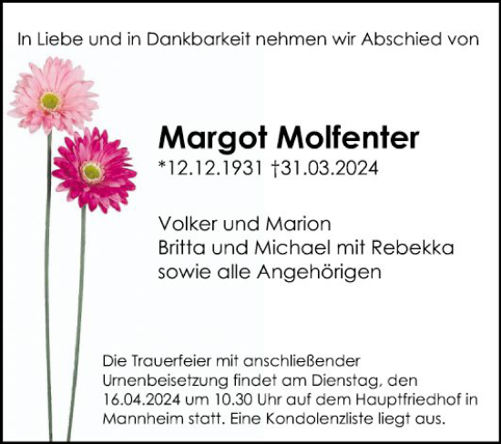 Traueranzeige von Margot Molfenter von Mannheimer Morgen