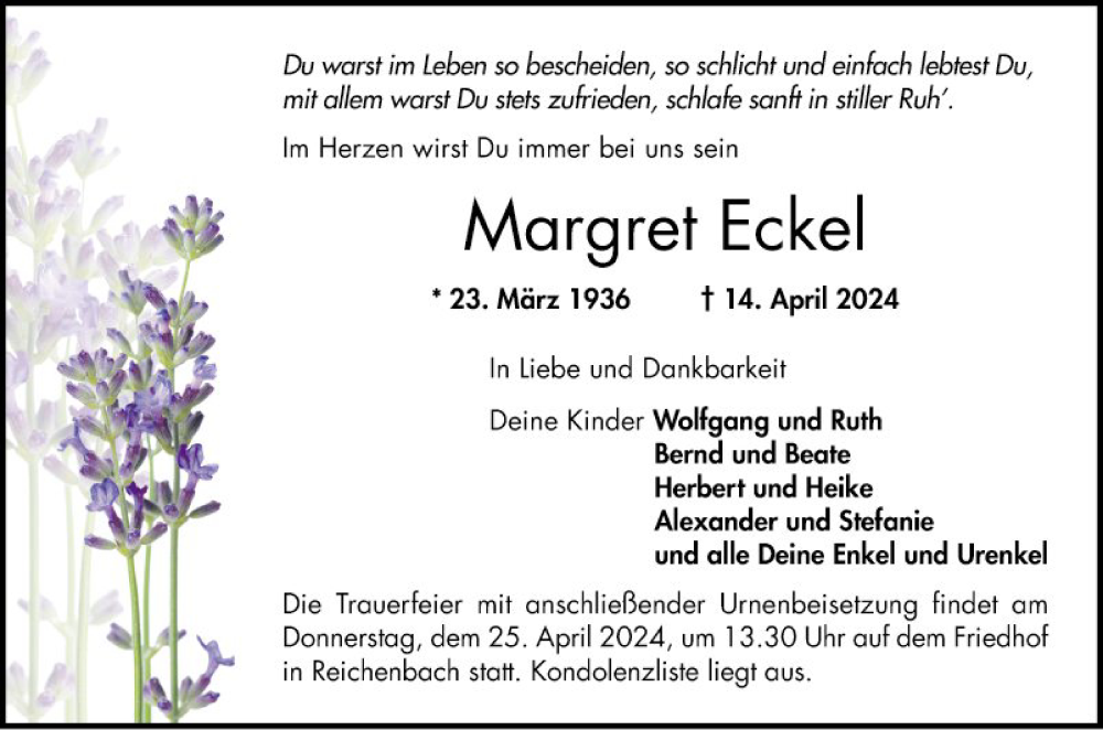  Traueranzeige für Margret Eckel vom 20.04.2024 aus Bergsträßer Anzeiger