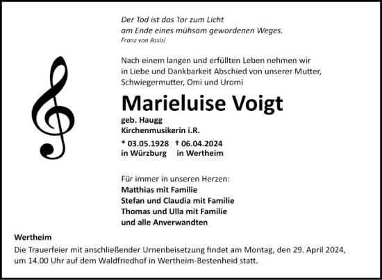 Traueranzeige von Marieluise Voigt von Fränkische Nachrichten
