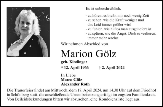 Traueranzeige von Marion Gölz von Bergsträßer Anzeiger