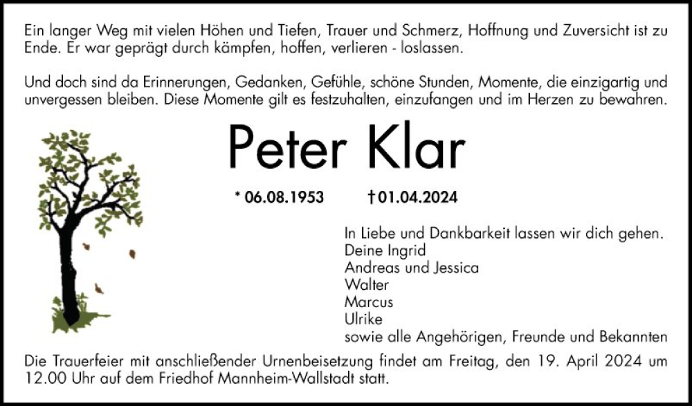  Traueranzeige für Peter Klar vom 06.04.2024 aus Mannheimer Morgen