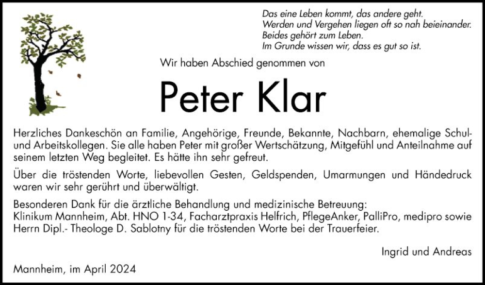  Traueranzeige für Peter Klar vom 27.04.2024 aus Mannheimer Morgen