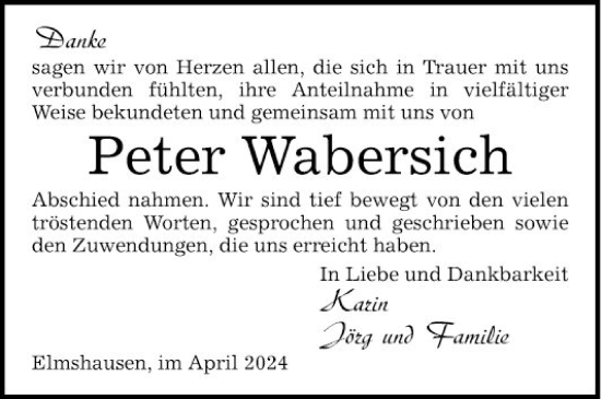 Traueranzeige von Peter Wabersich von Bergsträßer Anzeiger