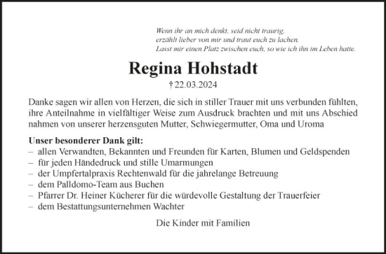 Traueranzeige von Regina Hohstadt von Fränkische Nachrichten