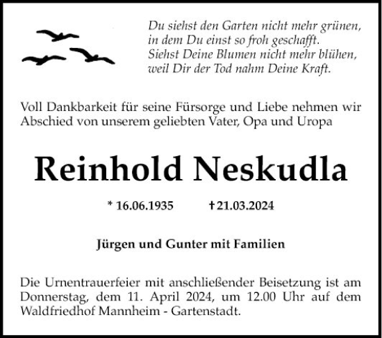 Traueranzeige von Reinhold Neskudla von Mannheimer Morgen