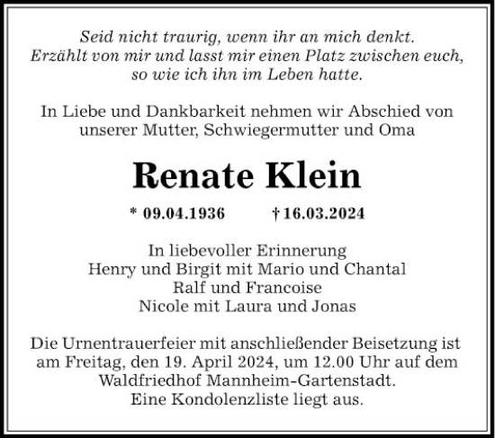 Traueranzeige von Renate Klein von Mannheimer Morgen
