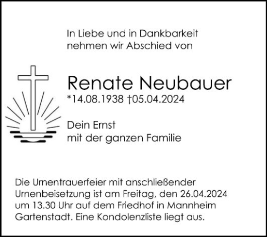 Traueranzeige von Renate Neubauer von Mannheimer Morgen