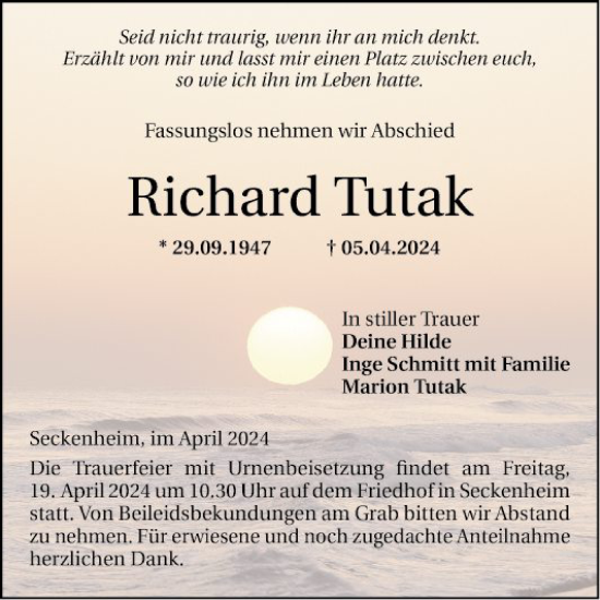 Traueranzeige von Richard Tutak von Mannheimer Morgen