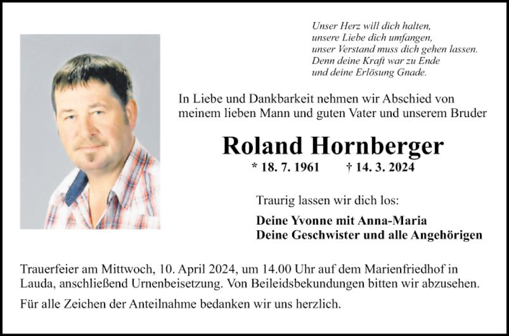  Traueranzeige für Roland Hornberger vom 06.04.2024 aus Fränkische Nachrichten