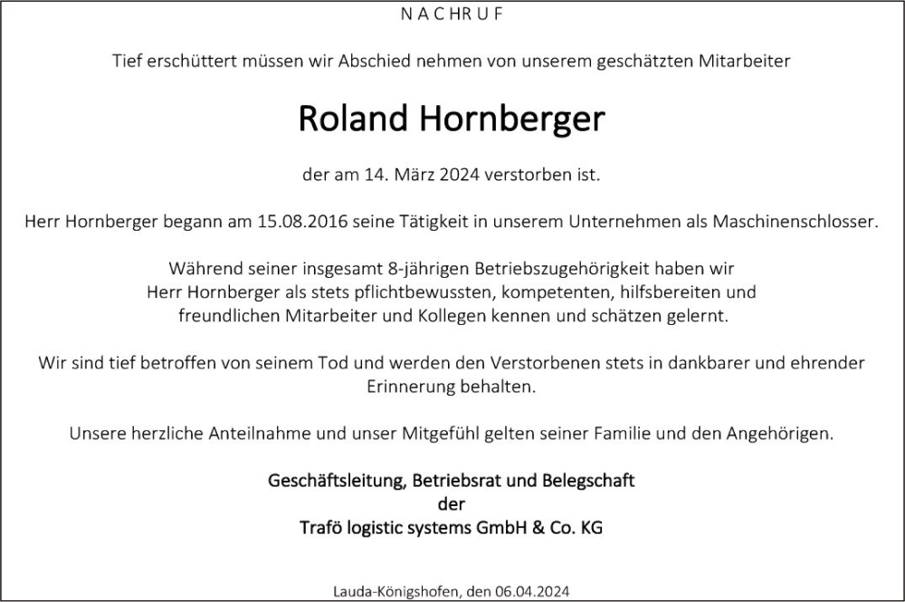  Traueranzeige für Roland Hornberger vom 06.04.2024 aus Fränkische Nachrichten