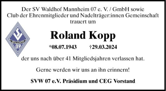 Traueranzeige von Roland Kopp von Mannheimer Morgen