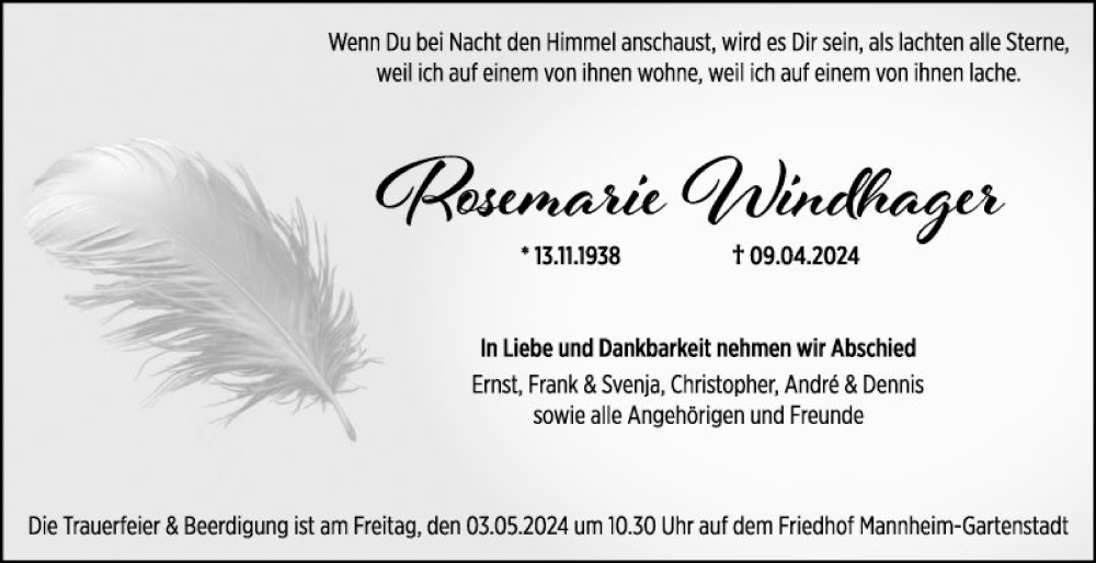  Traueranzeige für Rosemarie Windhager vom 27.04.2024 aus Mannheimer Morgen