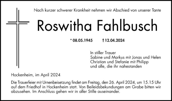 Traueranzeige von Roswitha Fahlbusch von Schwetzinger Zeitung