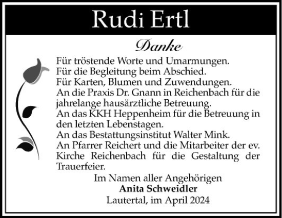 Traueranzeige von Rudi Ertl von Bergsträßer Anzeiger
