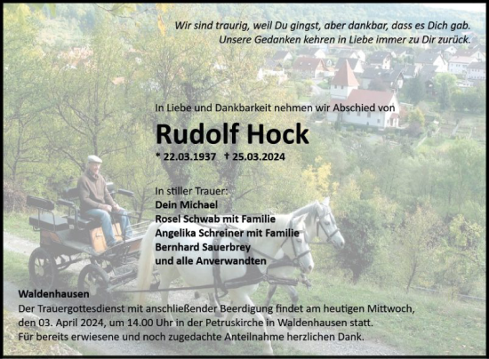 Traueranzeige von Rudolf Hock von Fränkische Nachrichten
