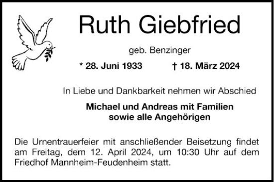 Traueranzeige von Ruth Giebfried von Mannheimer Morgen