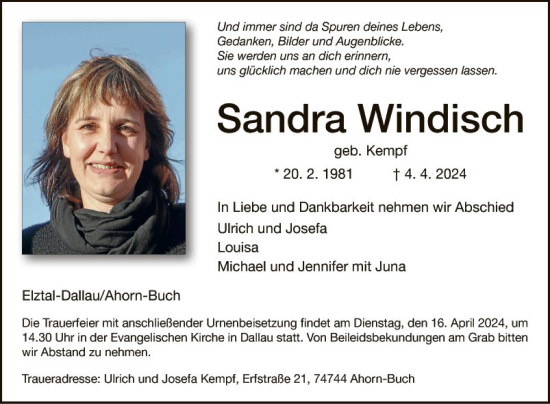 Traueranzeige von Sandra Windisch von Fränkische Nachrichten
