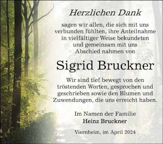 Traueranzeige von Sigrid Bruckner von Mannheimer Morgen