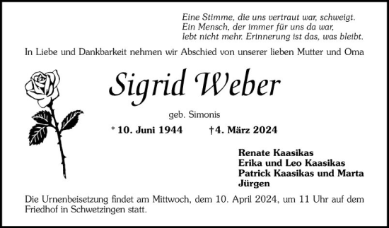 Traueranzeige von Sigrid Weber von Schwetzinger Zeitung