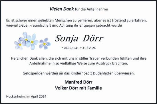 Traueranzeige von Sonja Dörr von Schwetzinger Zeitung