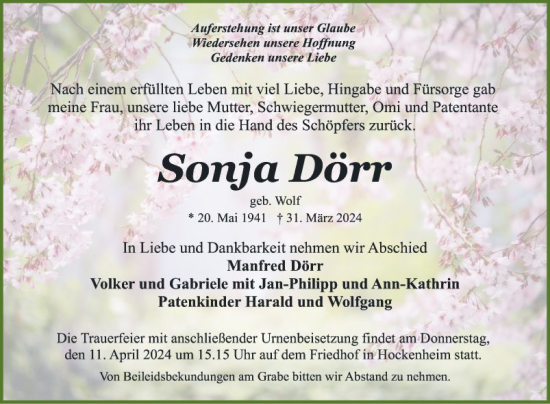 Traueranzeige von Sonja Dörr von Schwetzinger Zeitung