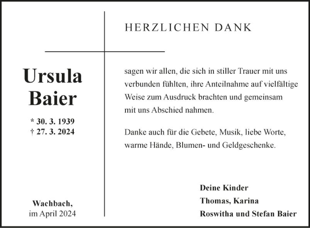  Traueranzeige für Ursula Baier vom 18.04.2024 aus Fränkische Nachrichten