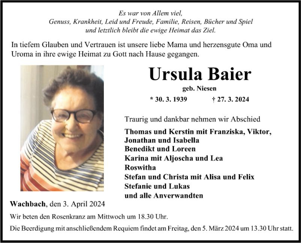  Traueranzeige für Ursula Baier vom 03.04.2024 aus Fränkische Nachrichten