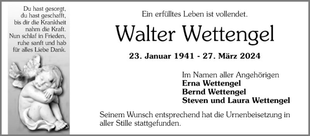  Traueranzeige für Walter Wettengel vom 10.04.2024 aus Mannheimer Morgen