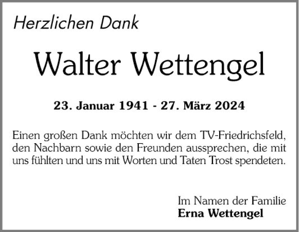  Traueranzeige für Walter Wettengel vom 20.04.2024 aus Mannheimer Morgen