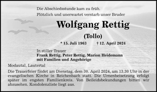 Traueranzeige von Wolfgang Rettig von Bergsträßer Anzeiger