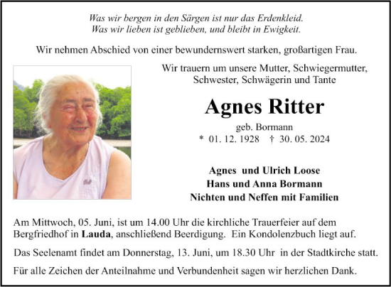 Traueranzeige von Agnes Ritter von Fränkische Nachrichten