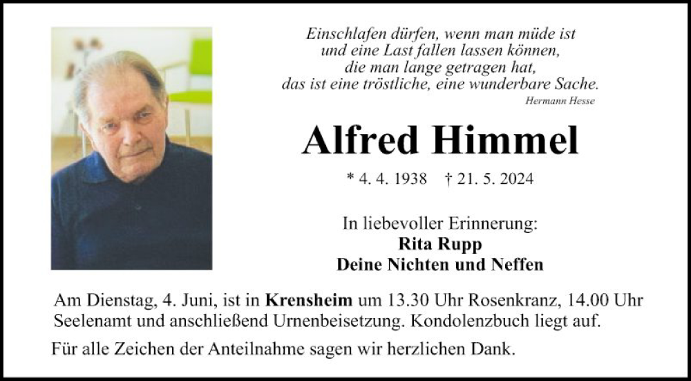  Traueranzeige für Alfred Himmel vom 29.05.2024 aus Fränkische Nachrichten