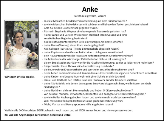 Traueranzeige von Anke Schütz von Fränkische Nachrichten