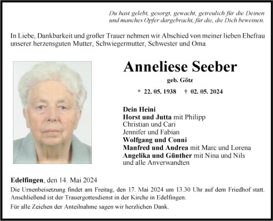 Traueranzeige von Anneliese Seeber von Fränkische Nachrichten