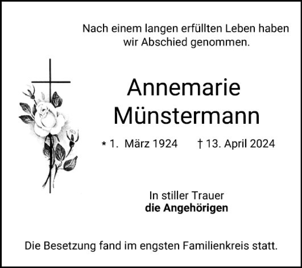  Traueranzeige für Annemarie Münstermann vom 01.06.2024 aus Bergsträßer Anzeiger
