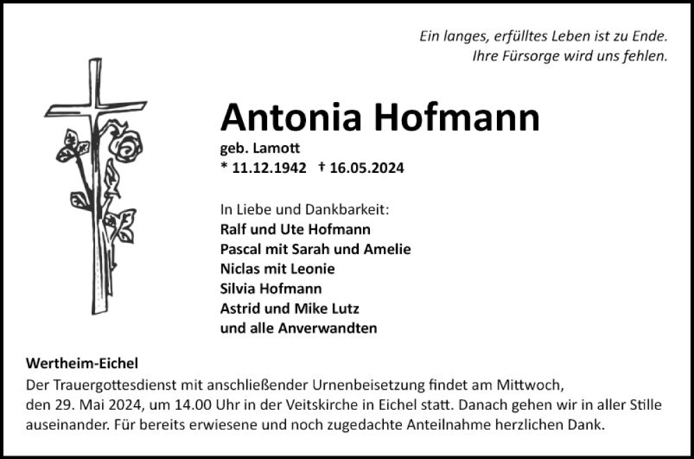  Traueranzeige für Antonia Hofmann vom 22.05.2024 aus Fränkische Nachrichten