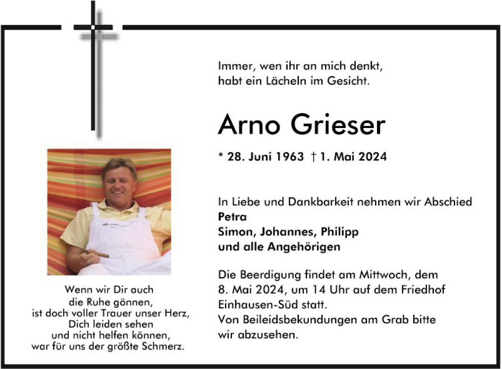  Traueranzeige für Arno Grieser vom 04.05.2024 aus Bergsträßer Anzeiger