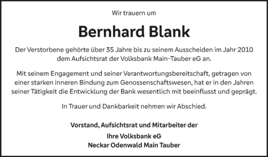 Traueranzeige von Bernhard Blank von Fränkische Nachrichten