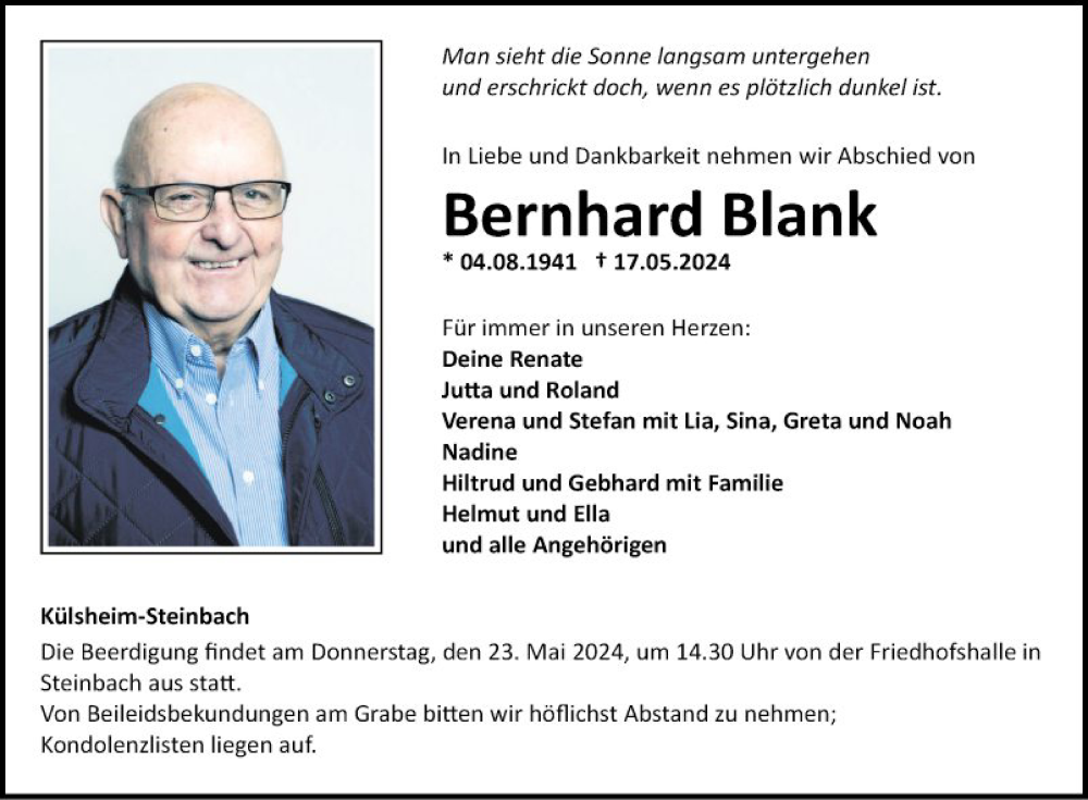  Traueranzeige für Bernhard Blank vom 22.05.2024 aus Fränkische Nachrichten
