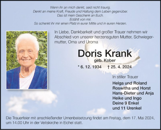 Traueranzeige von Doris Krank von Fränkische Nachrichten